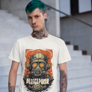Tattooed man with green hair wearing white Dieselpunk gas mask T-shirt on concrete steps
