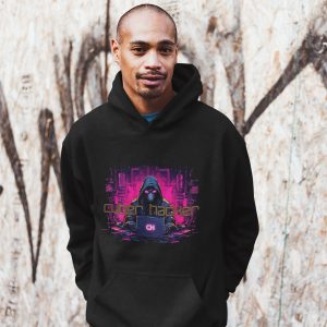 Man wearing black Cyber Hacker neon graphic hoodie against a graffiti wall