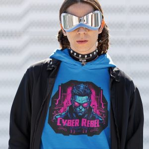 Person in mirrored visor and long black coat wearing blue Cyber Rebel neon hoodie