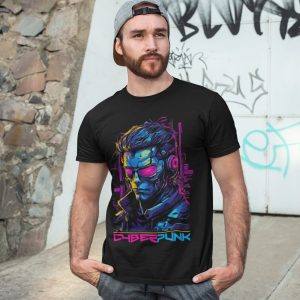 Man wearing black Cyberpunk Guy graphic T-shirt against a graffiti wall