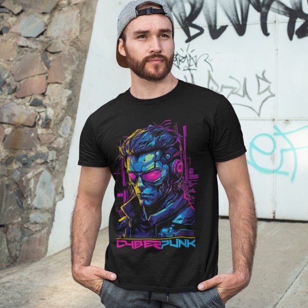 Man wearing black Cyberpunk Guy graphic T-shirt against a graffiti wall