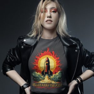 Woman in black leather jacket wearing grey Blast From The Past retro rocket T-shirt