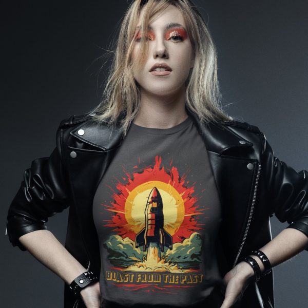 Woman in black leather jacket wearing grey Blast From The Past retro rocket T-shirt