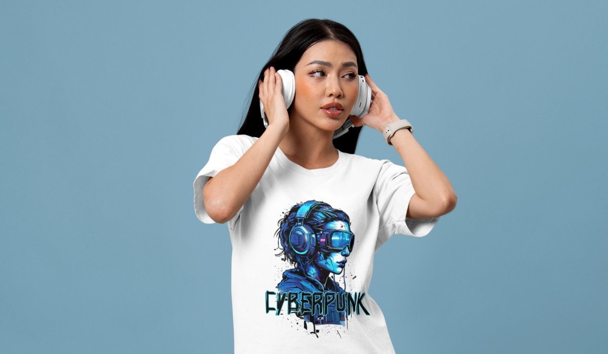 Woman with headphones wearing white Cyberpunk Girl T-shirt
